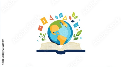 Concept of Global Education With an Open Book, Earth, and Symbols Representing Knowledge and Learning Outdoors