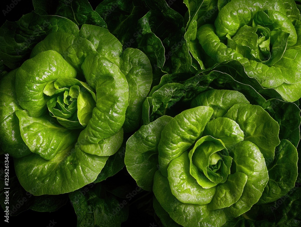 Fototapeta premium Fresh green lettuce with visible leaves and stem in the center of each head.