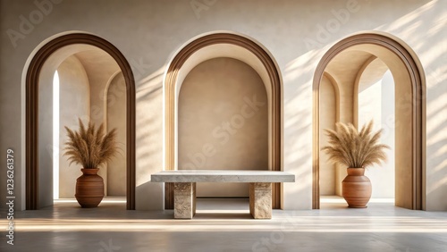 Architectural arches with a stone table casting shadows in sunlight, template mockup for design presentation