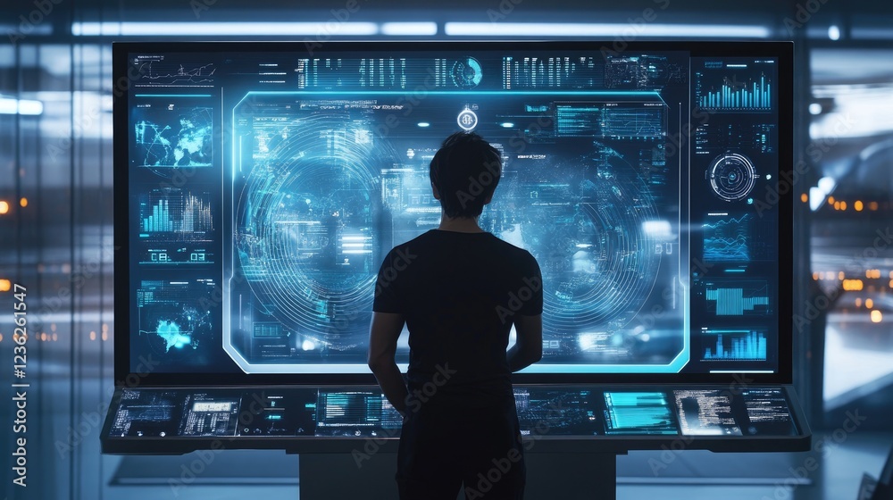 High-tech holographic interface displaying glowing charts, interactive graphs, and futuristic digital visuals High-tech holographic interface displaying glowing charts, interactive graphs, and futuristic digital visuals
