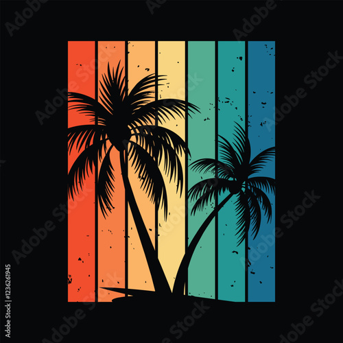 Retro Tropical Palm Tree Silhouette with Striped Sunset Background