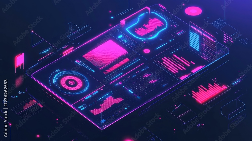 Obraz premium A glowing digital interface with futuristic holographic visuals, interactive charts, and innovation-inspired design