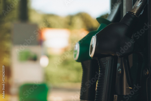 Fuel dispenser nozzles ready for use at a gas station in daylight hours photo