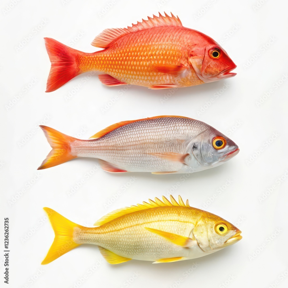 Fototapeta premium Set of three different colorful fish on a white background