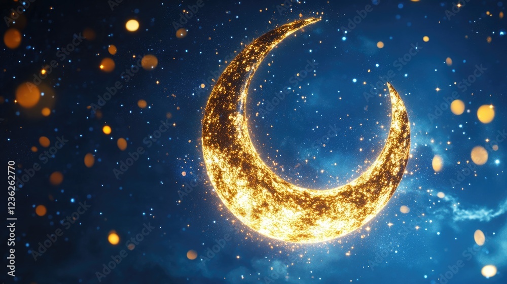 Naklejka premium Gold crescent moon in a starry night sky with floating lights, celebrating the holy month of Ramadan.