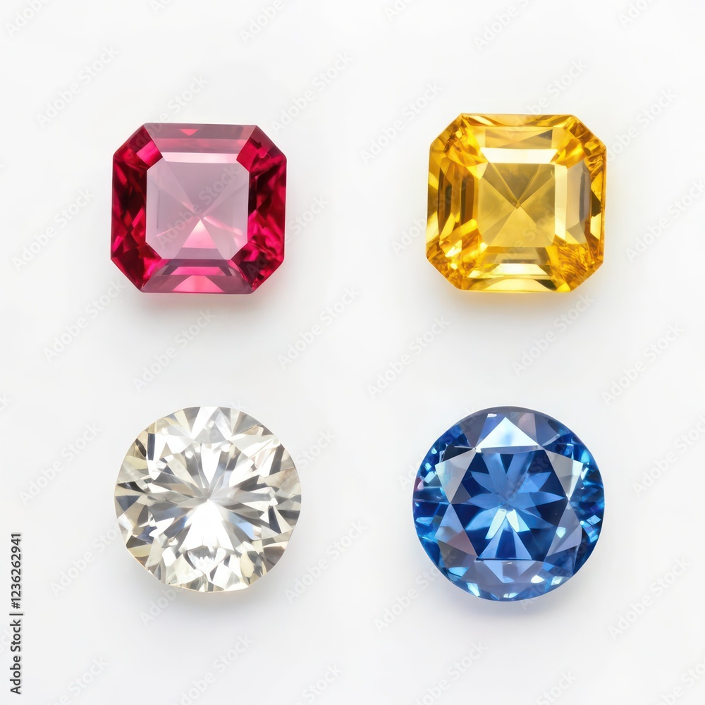 Set of four different colorful gemstones on a white background Set of four different colorful gemstones on a white background
