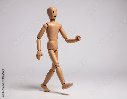 wooden mannequin walking with a smile