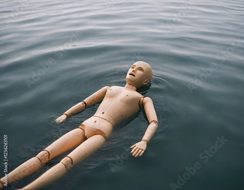 wooden mannequin floating on the sea
