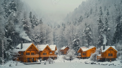 Wallpaper Mural Cozy winter cabins nestled in snowy mountain forest, ideal for vacation rental ads Torontodigital.ca