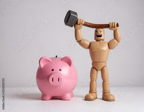 wooden mannequin, hammering a piggy bank