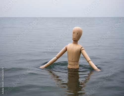 wooden mannequin floating in the sea, sad