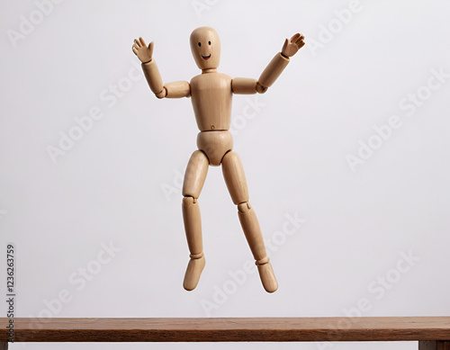 wooden mannequin junping from a bridge.