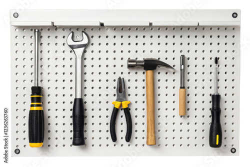 Assortment of tools on pegboard isolated with transparent background