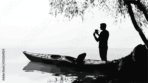 Kayaking and Rafting silhouette. water sport, race, transport concept. different action, pose. monochrome vector illustration.