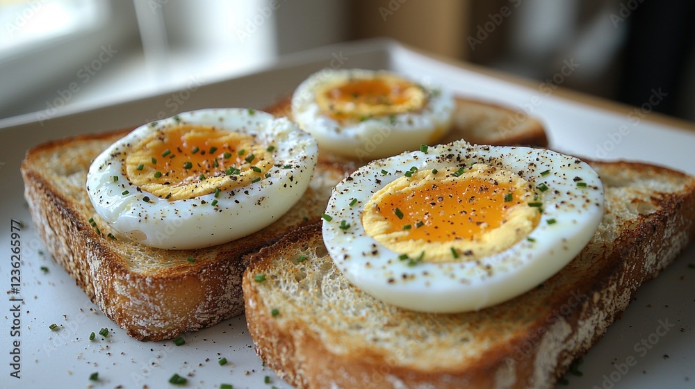 Soft boiled eggs on toast, breakfast, kitchen, healthy meal Soft boiled eggs on toast, breakfast, kitchen, healthy meal