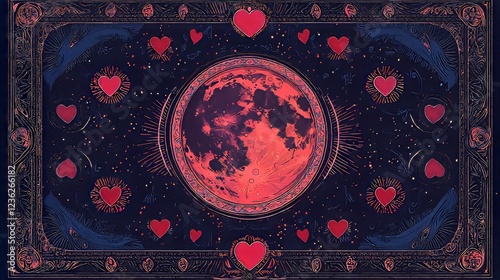 Wallpaper Mural Folklore-styled Moon tarot card overlaid with Valentine's Day hearts, animated glowing effects, vivid Tetradic scheme, stylized flat art with intricate detailing Torontodigital.ca