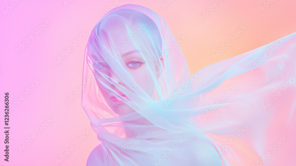 Obraz premium Ethereal Portrait of a Woman with a Transparent Veil and Soft Light