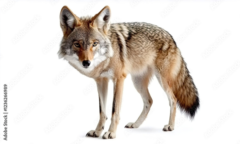 Fototapeta premium Coyote Standing Gracefully on White Background with Curious Expression