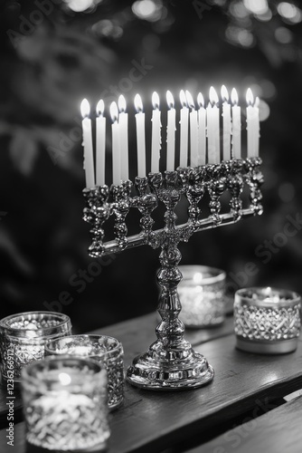 Close-up of lit Hanukkah candles arranged in a traditional silver candelabra on a table, symbolizing the Jewish holiday celebration. photo