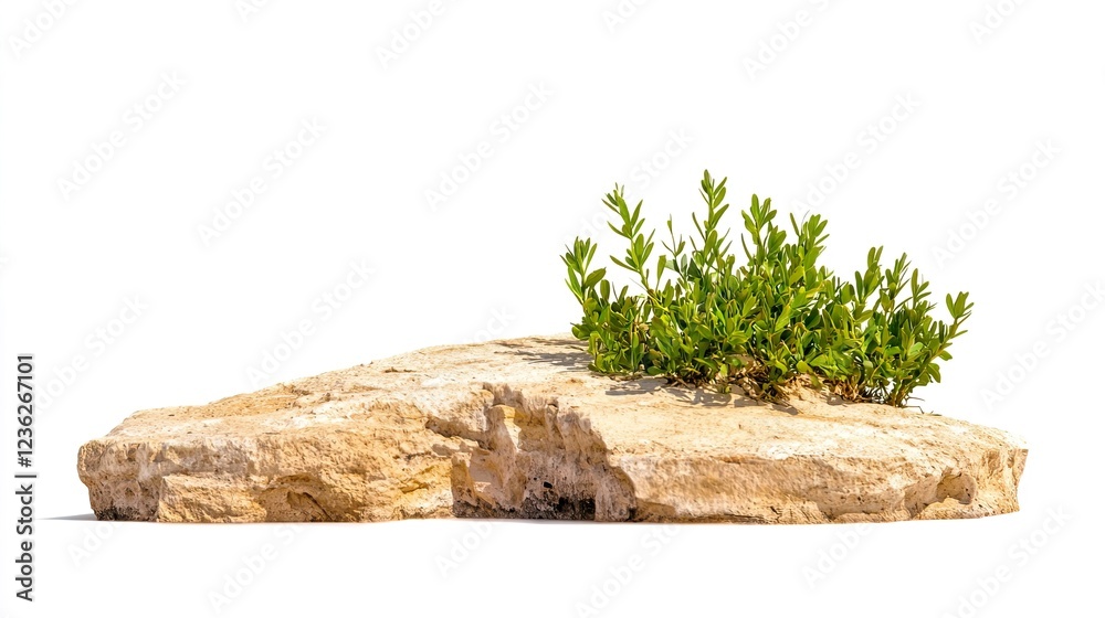 Green Plant Growing on Large Stone Isolated on White Background Green Plant Growing on Large Stone Isolated on White Background