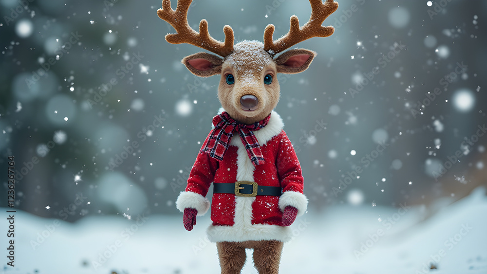 Fototapeta premium Adorable Reindeer in Santa Suit Snow Scene Winter Holiday Plush Toy Festive Christmas Decoration Cute Animal Photography