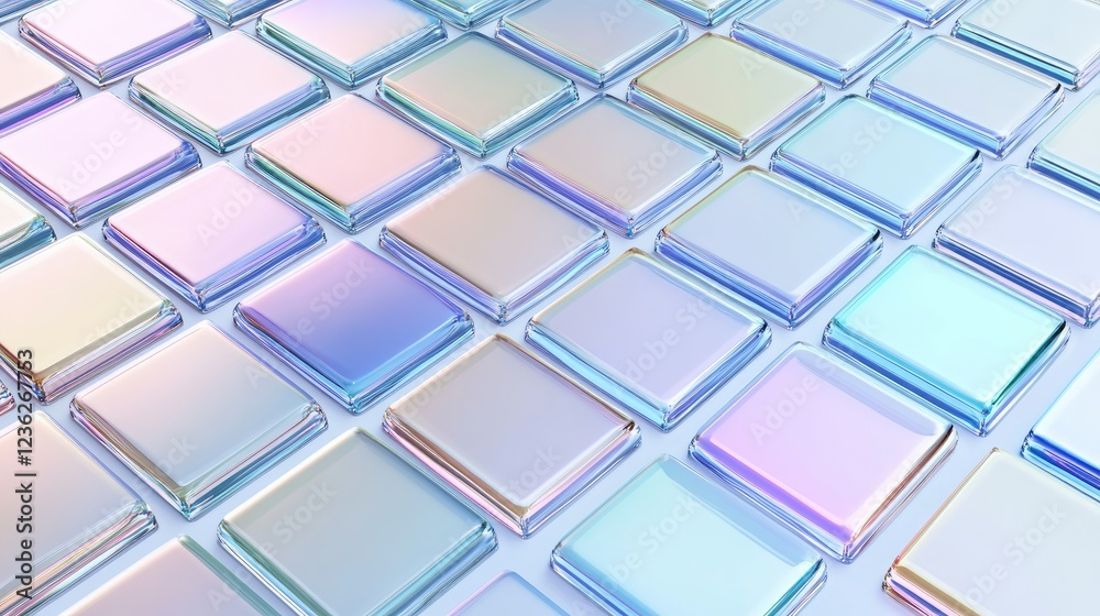 3D rendering of glass squares with a holographic effect on a white background. Abstract, futuristic design for social media, mobile apps, and website templates, wallpapers, or banners with a copy spac 3D rendering of glass squares with a holographic effect on a white background. Abstract, futuristic design for social media, mobile apps, and website templates, wallpapers, or banners with a copy spac