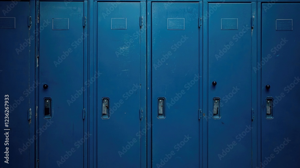 Fototapeta premium The image depicts a row of blue metal cabinets, likely used for student storage at an educational institution.