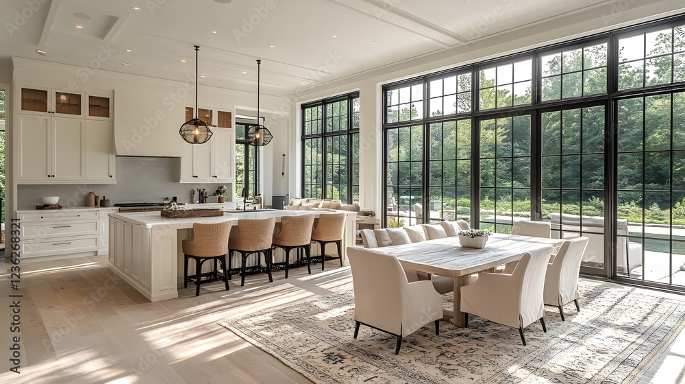 Side perspective of elegant white kitchen transitioning into a refined dining area and spacious living room featuring lightcolored decor and expansive windows that illuminate the entire space Side perspective of elegant white kitchen transitioning into a refined dining area and spacious living room featuring lightcolored decor and expansive windows that illuminate the entire space