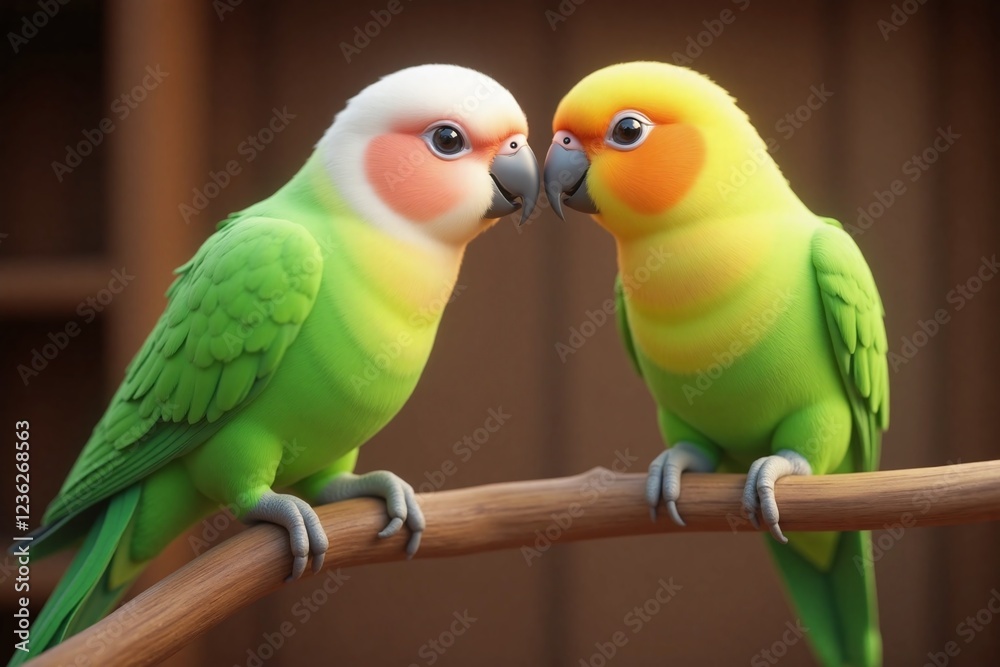 Fototapeta premium two parrots on wooden branch beaks almost touching