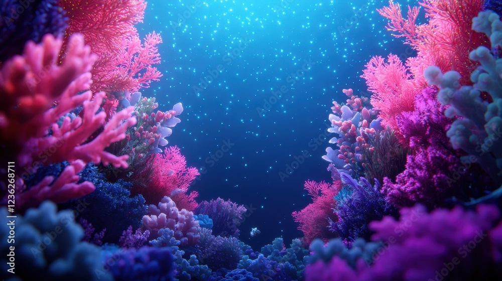 Fototapeta premium Colorful Coral Reef Underwater Scene with Bright Blue Light Rays