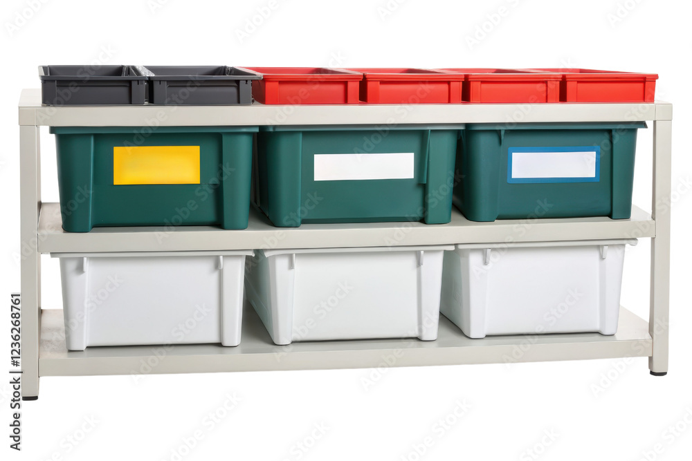 Two-tiered storage rack with bins isolated with transparent background Two-tiered storage rack with bins isolated with transparent background