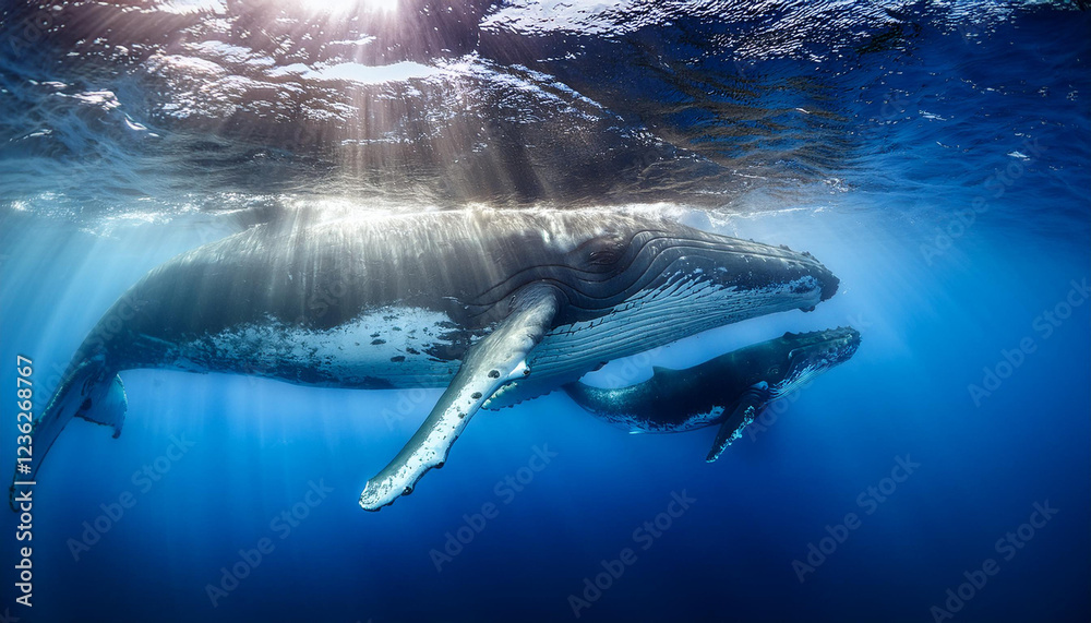 Fototapeta premium Una ballena azul y su cria nadando bajo la superficie del mar azul con luz solar