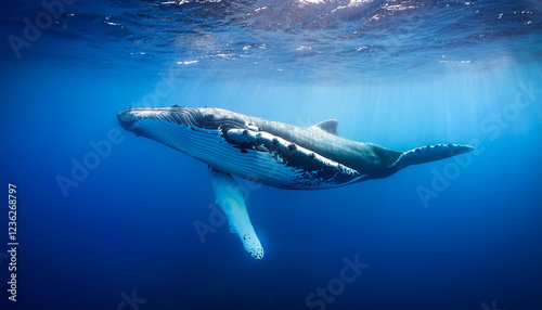 Una gran ballena azul nadando en libertad bajo el agua en el mar azul cerca de la superficie