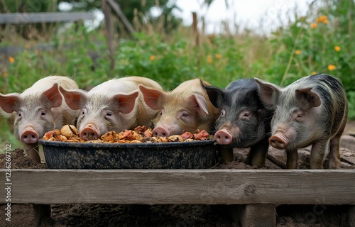 There are numerous pigs that are really hungry, pushing around the trough while waving their tails and consuming their meal.