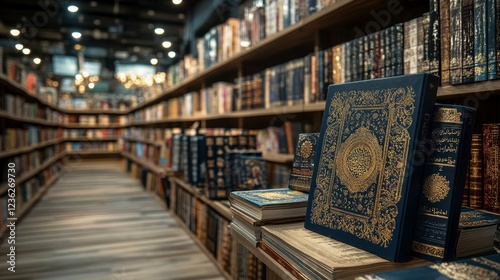 Bookstore aisle with Islamic books, wooden shelves, and soft lighting