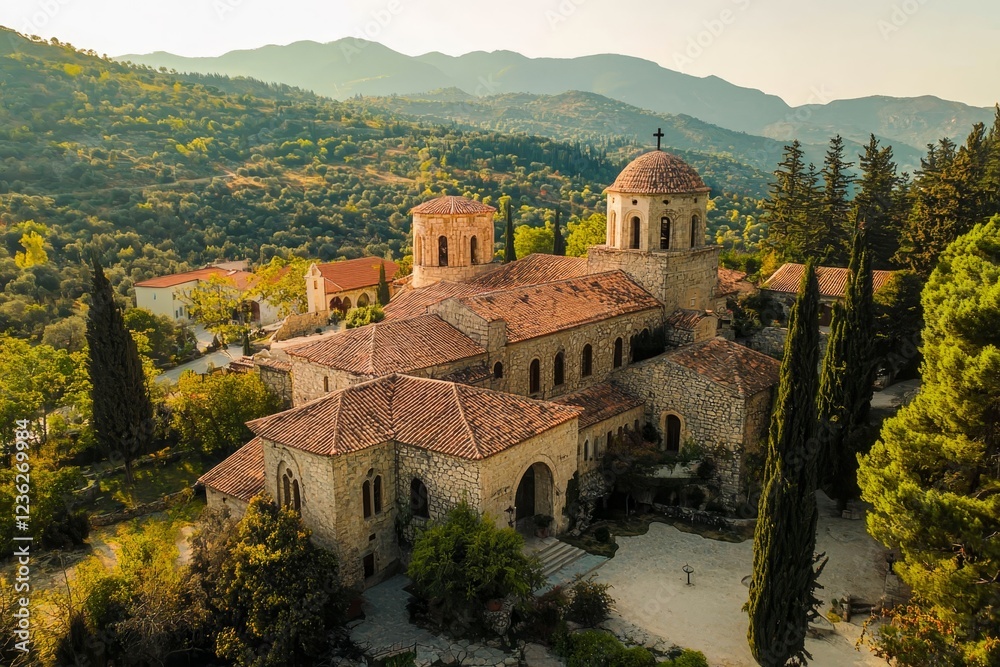 Fototapeta premium Monastery in Cyprus mountains, aerial view from drone, beautiful ancient monastery.