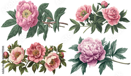 Vintage engraving style illustration of 1875 Peony with soft shadows, lush green leaves, and rich pink blooms, floral artwork, antique flower print, botanical design, decorative flowers.