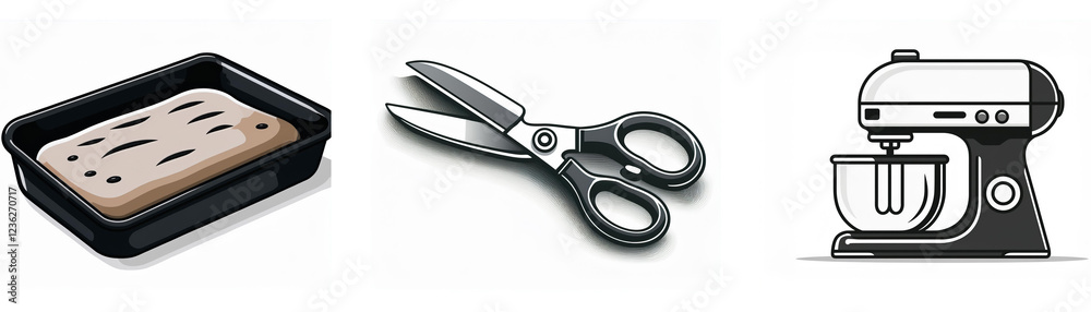Baking icons: a baking pan with dough, kitchen shears, and a stand mixer. These utensils represent baking tools. Baking icons: a baking pan with dough, kitchen shears, and a stand mixer. These utensils represent baking tools.