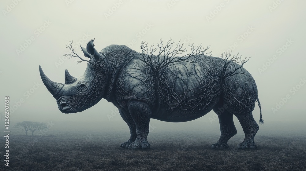 Fototapeta premium Surreal Rhinoceros Illustration With Tree Branches in Foggy Landscape