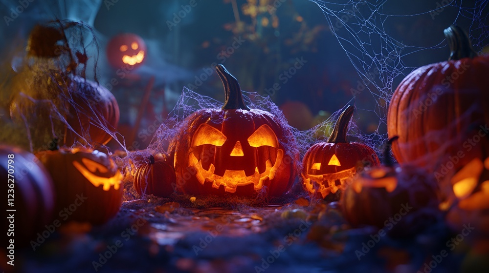Fototapeta premium Halloween Costume Party eerie glow from jack-o'-lanterns surrounded by cobwebs and spooky pumpkins