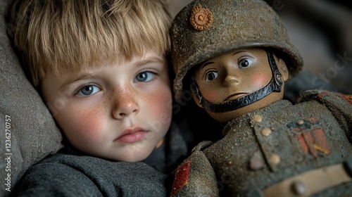 Boy cuddling antique soldier doll, wartime memory, nostalgic home setting, childhood innocence