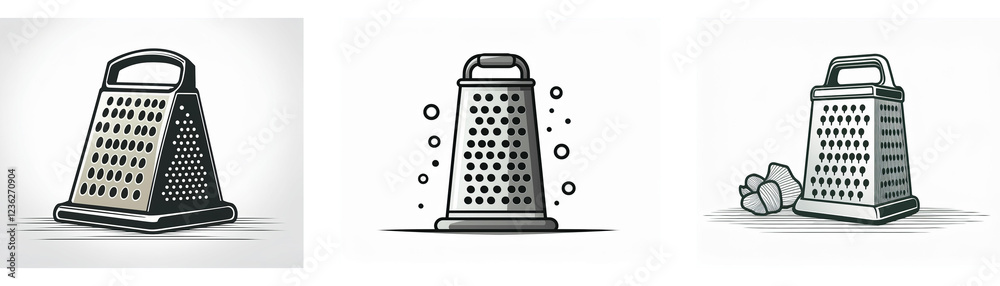 Three different styles of kitchen graters are shown as icons, representing kitchen utensils for grating food. Three different styles of kitchen graters are shown as icons, representing kitchen utensils for grating food.