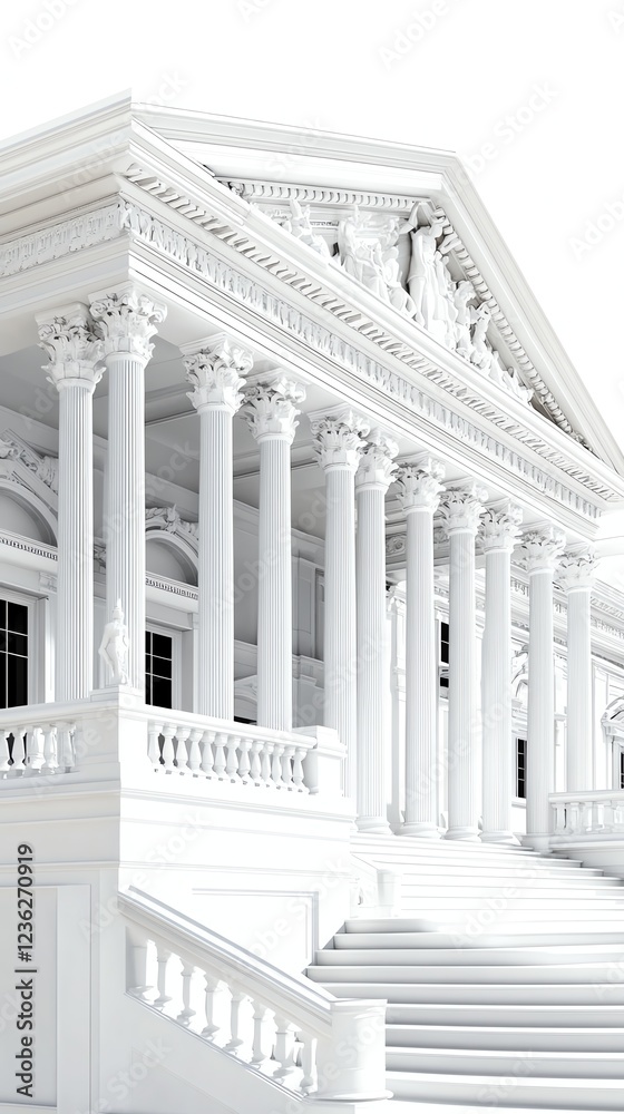 Obraz premium A grand government building, neoclassical facade with Corinthian columns, stately elegance, isolated on white background