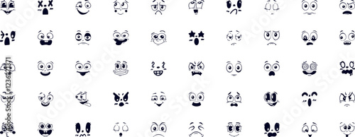 Cartoon face expression. Emotional comic face with eyes, mouths, tongue and teeth. Concept caricature feeling. Happy, sad and angry characters emotions. Vector set