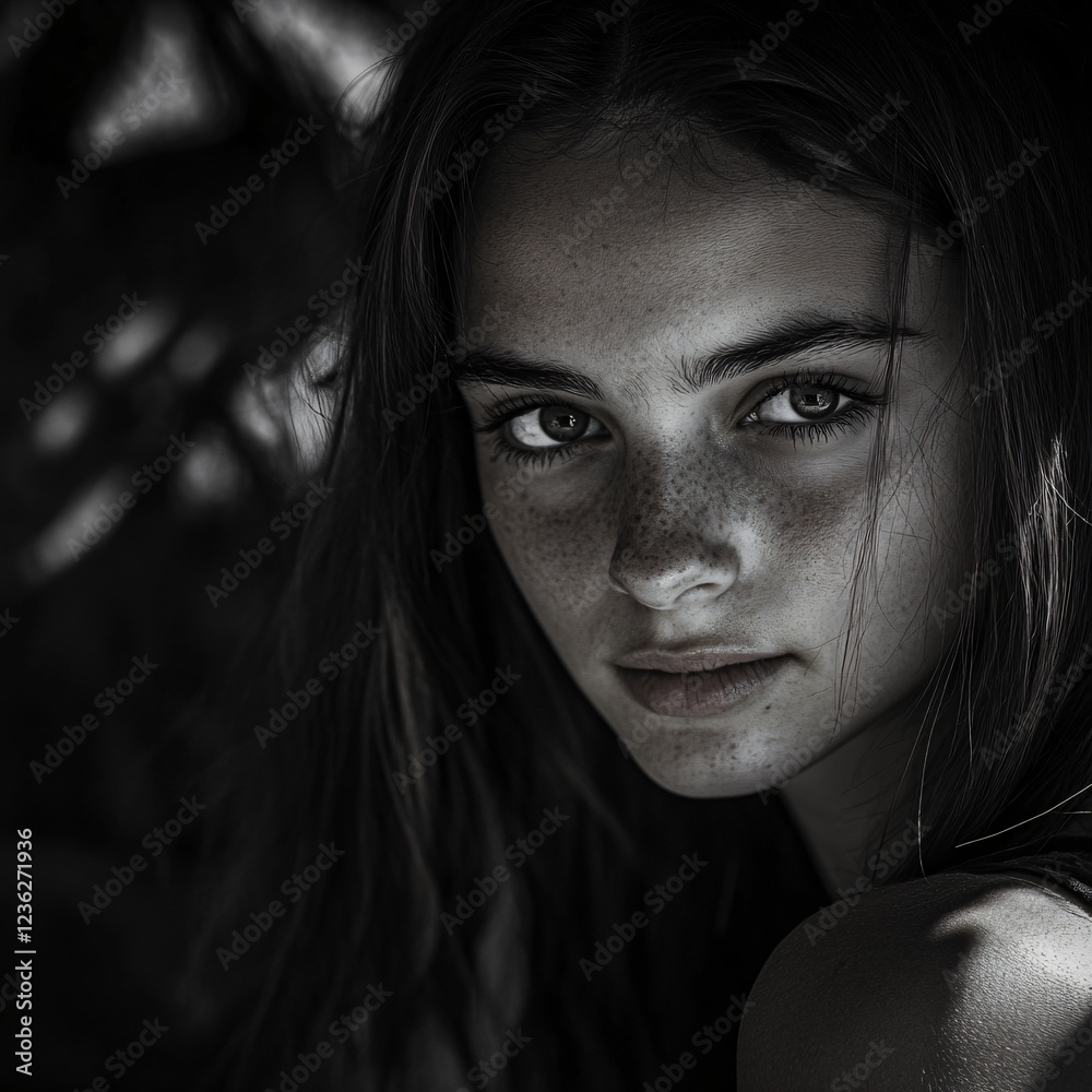 Artistic portrait young woman natural freckles soft lighting cinematic closeup intense gaze deep eyes contemplative delicate beauty ethereal glow moody photography serene dreamy film style wall art Artistic portrait young woman natural freckles soft lighting cinematic closeup intense gaze deep eyes contemplative delicate beauty ethereal glow moody photography serene dreamy film style wall art