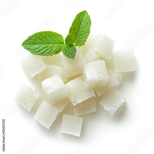 white gum pieces with fresh green mint leaf isolated on white background full depth of feild. photo