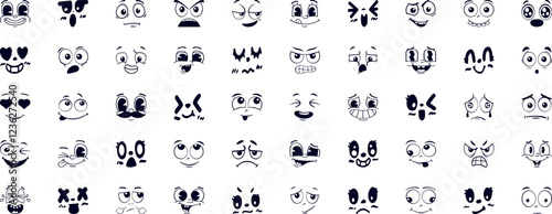 Cartoon face expression. Emotional comic face with eyes, mouths, tongue and teeth. Concept caricature feeling. Happy, sad and angry characters emotions. Vector set