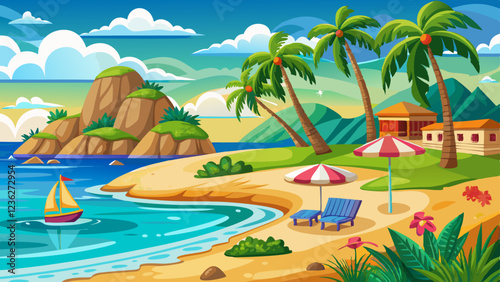 Tropical beach with palm trees, sandy shore, colorful umbrellas, lounge chairs, and a sailboat in calm turquoise water, surrounded by lush hills and a bright sky