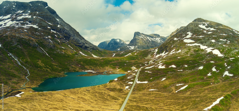 Aerial view of a mountain landscape on Slettvikane. Slettvikelva river near National Park Station. Road to Trollstigen. Beautiful nature Norway. Horizontal banner