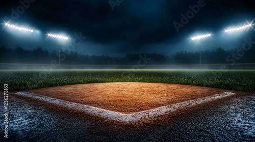 A moody nighttime baseball field, the lights illuminating the pitchers mound and the home plate area, with faint mist rising in the distance photo